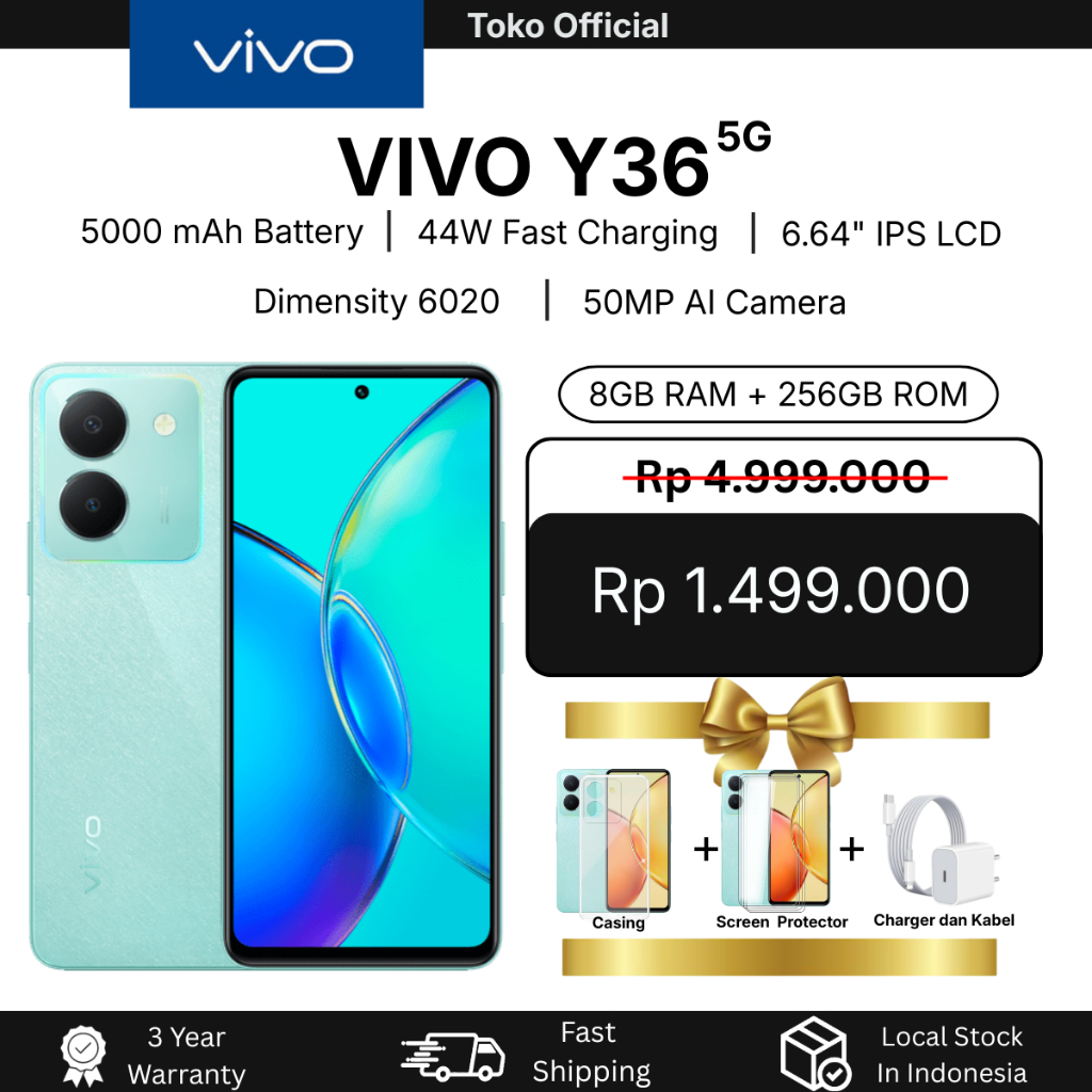 VIVO Y36 5G 8GB RAM +256GB ROM Smartphone 44W FlashCharge + 5000 mAh 50MP Fun Camera 6.64" FHD+ Datc