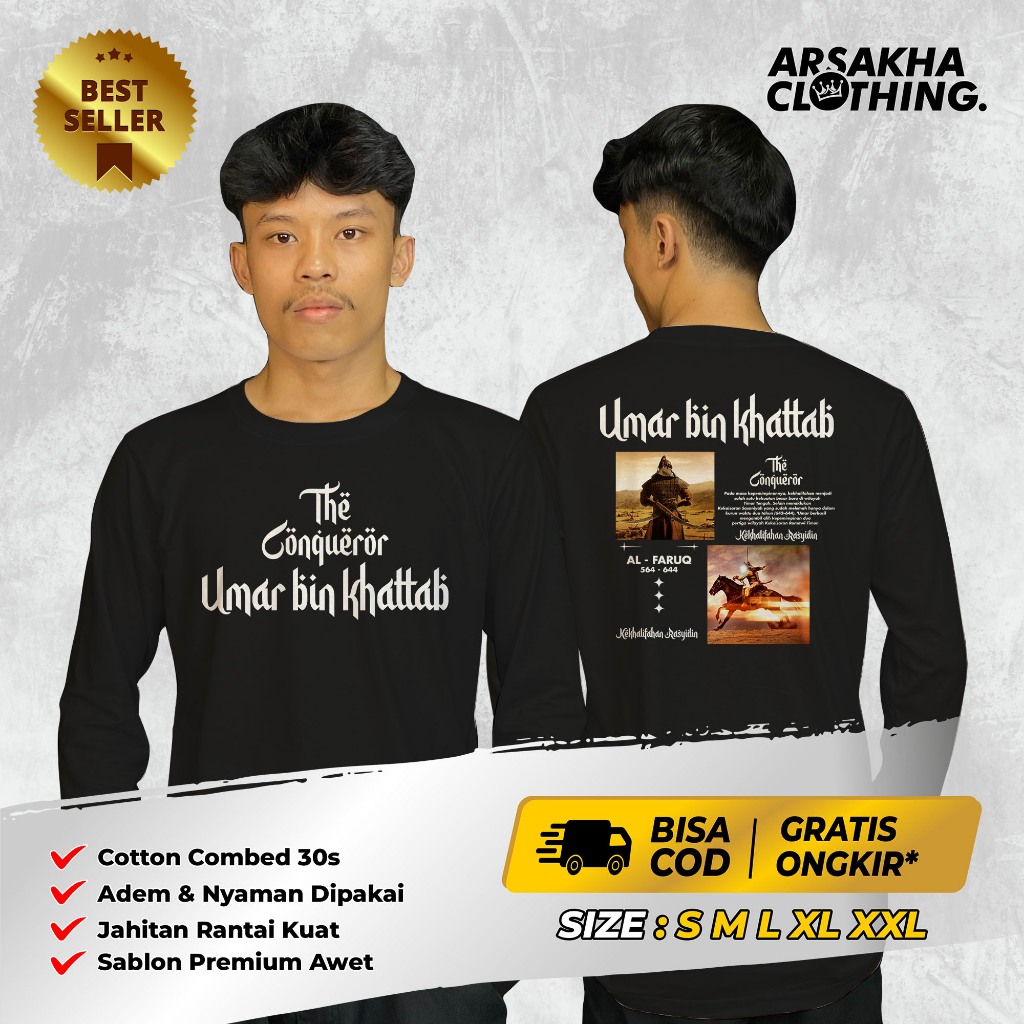Kaos Lengan Panjang Dakwah Islami UMAR BIN KHATTAB THE CONQUEROR A3 V2  Baju Distro Katun Combed 30s