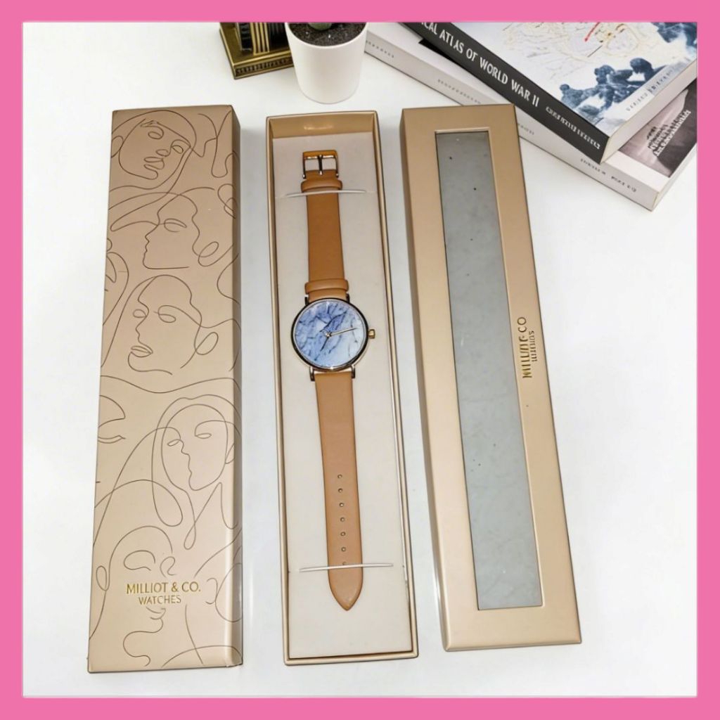 Jam Tangan Wanita Milliot & Co Jewel Gold Leather Strap Watch Beige Color