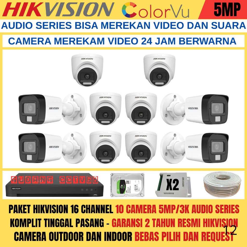 Paket CCTV HIKVISION 16 Channel 10 Camera HIKVISION 5MP Colorvu 3K Full Colour AUDIO SERIES Komplit