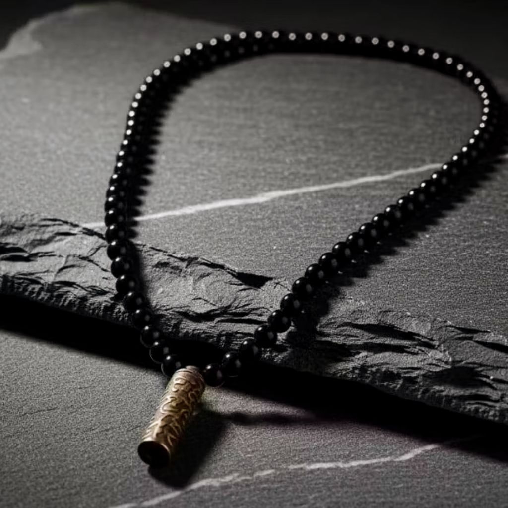 Kalung Japamala 108 Butir Batu Black Onix 6mm Kombinasi Bandul Tabung Kuningans Motif Rajah Tempat p