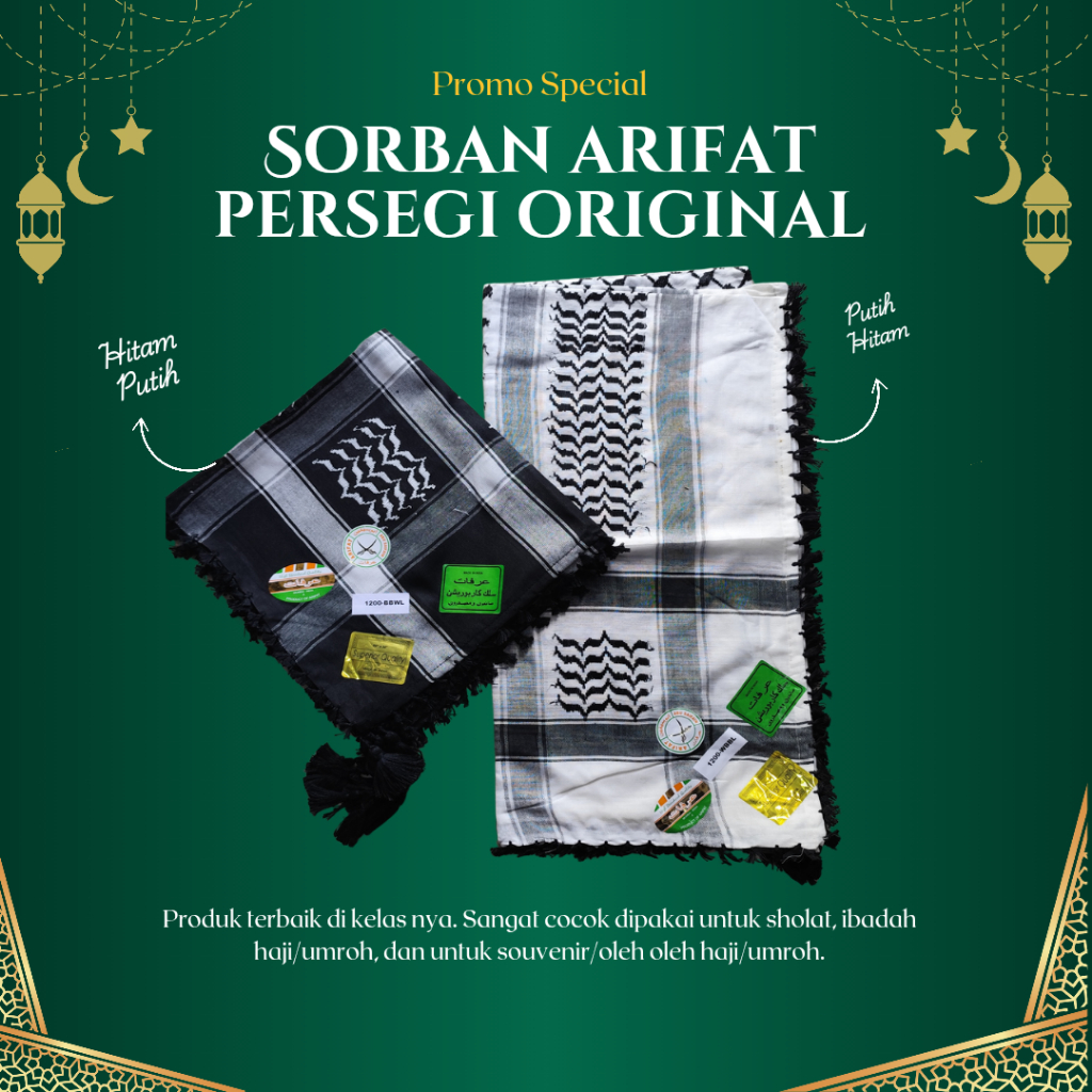 Sorban Arifat Kashmiri Jaquard Premium Original Impor Persegi Motif Keffiyeh Palestina Warna Hitam P