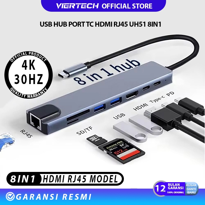 VIERTECH UH51 RJ45 Type C hub 8in1 DP HDTV RJ45 100mbps PD type C card reader usb 3.0 Aluminium Macb