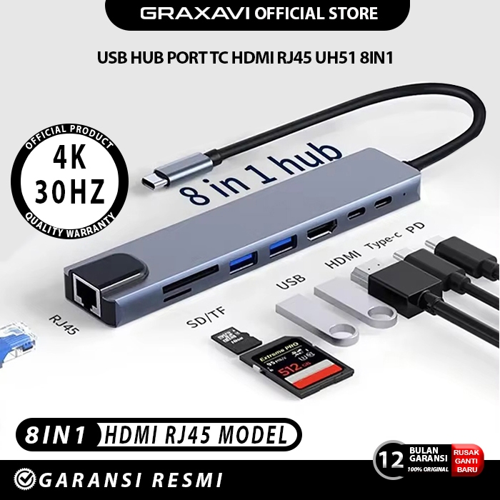 GRAXAVI UH51 RJ45 Type C hub 8in1 DP HDTV RJ45 100mbps PD type C card reader usb 3.0 Aluminium Macbo