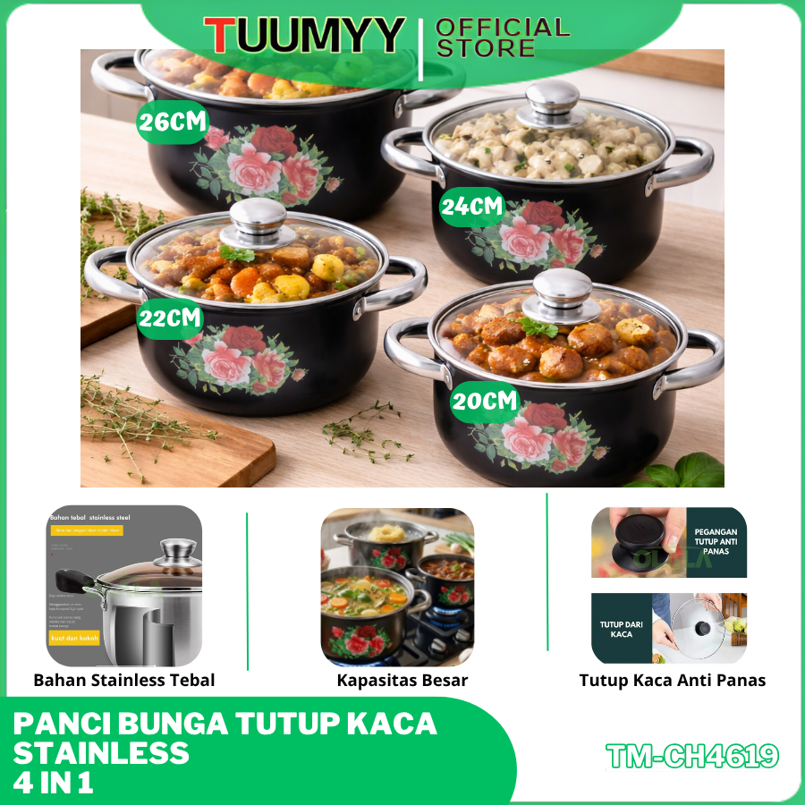 PANCI BUNGA SET 4 SUSUN STAINLESS STEEL TUTUP KACA SOUP POT MULTIFUNGSI TM-CH4619