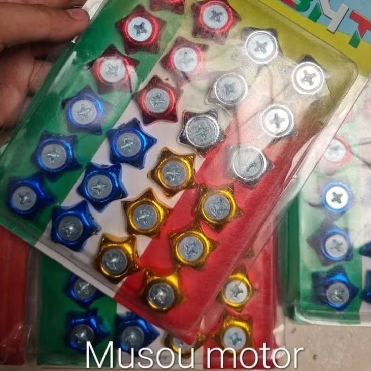 Baut warna Campur + Ring | Baut Bintang Sekeping | Baut  Motor Plat Nomor | Lempengan Baut Bintang |