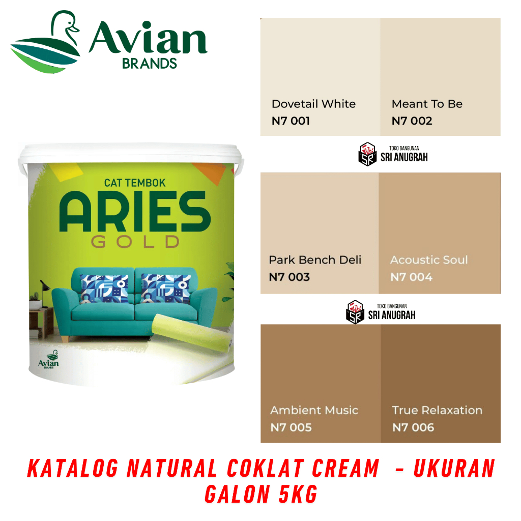 AVIAN BRANDS Aries Gold Cat Tembok Interior Exterior 4.5KG - Katalog Warna Natural Cream Coklat