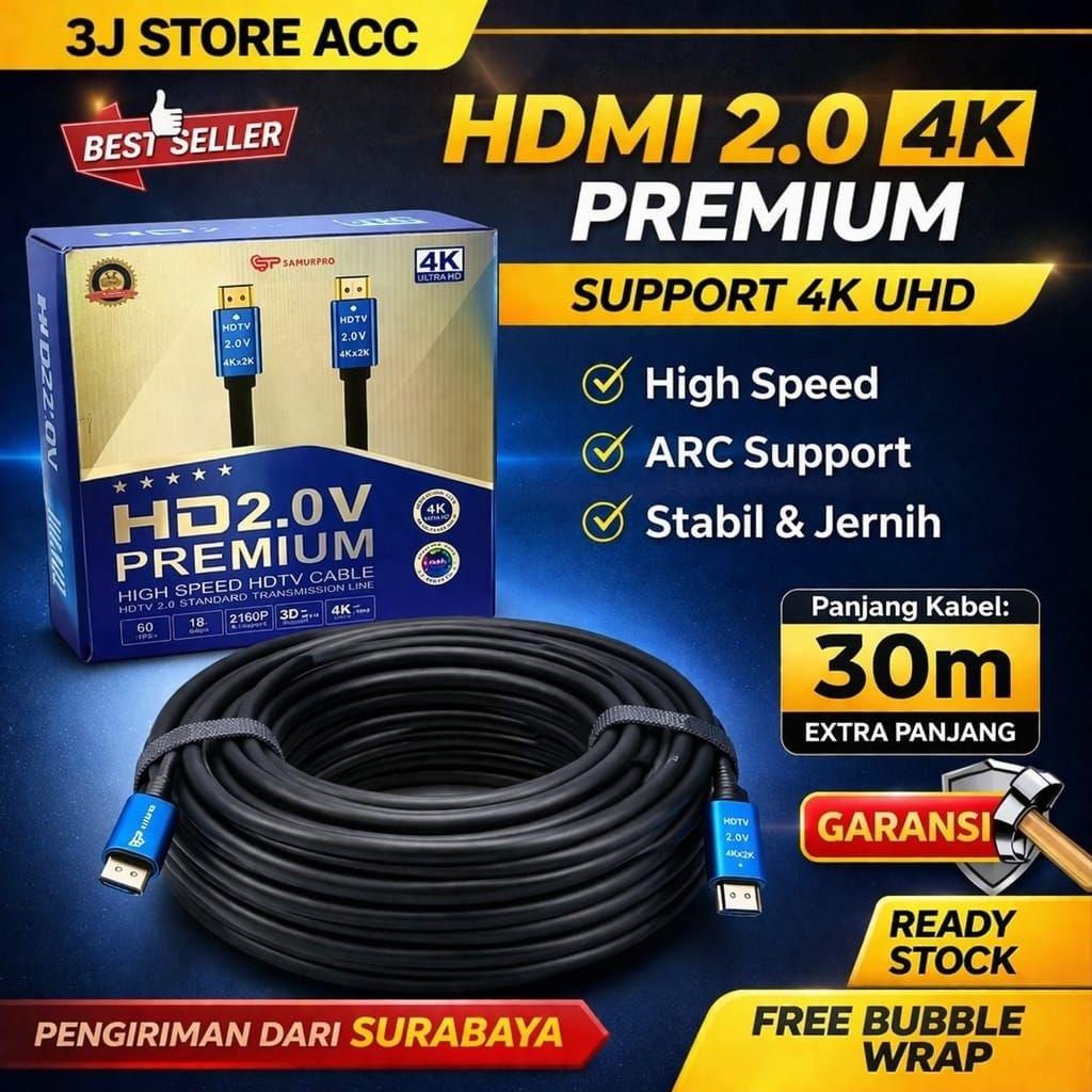 Kabel HDMI 2.0 SanurPro Premium 30 Meter - 4K 60Hz HDR - Untuk Projector TV Monitor - Bebas Gangguan