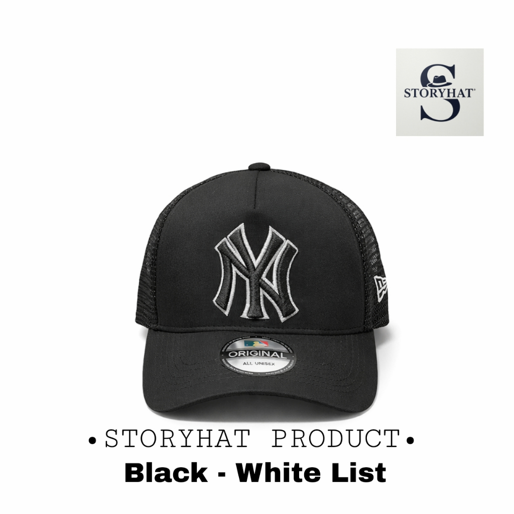 Topi Trucker Jaring NY Hitam Bordir Hitam List putih