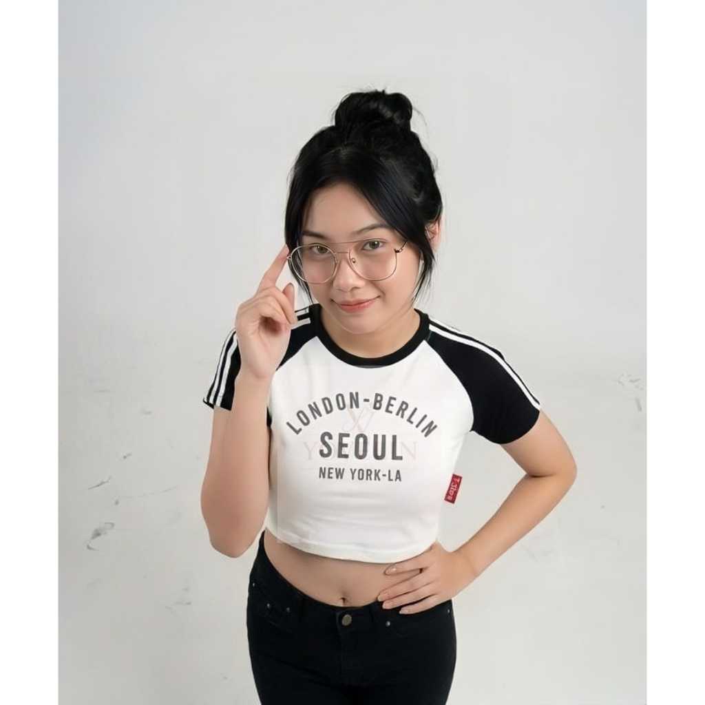 YV-502 Kaos Croptop Wanita Atasan Kekinian dengan Desain London Berlin Seoul New York LA dan Lengan 