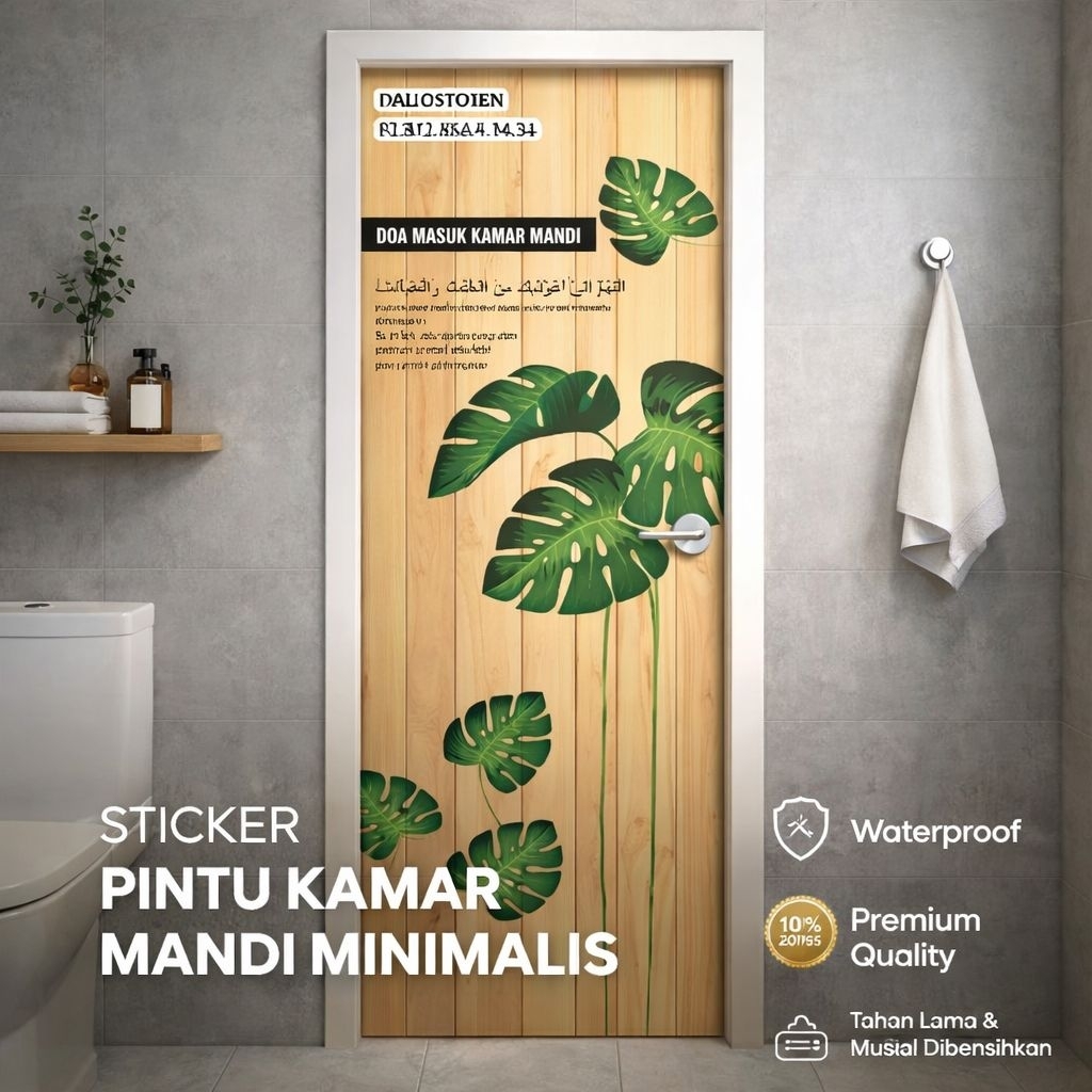 Stiker Pintu Kamar Mandi Estetik Motif Monstera Dengan Tulisan Doa
