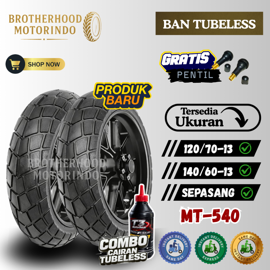 (PAKET SEPASANG) BAN ASCENDO MT540 TUBELESS ( 120/70-13 / 140/60-13 ) RING 13 / BAN RING 13 / BAN MO