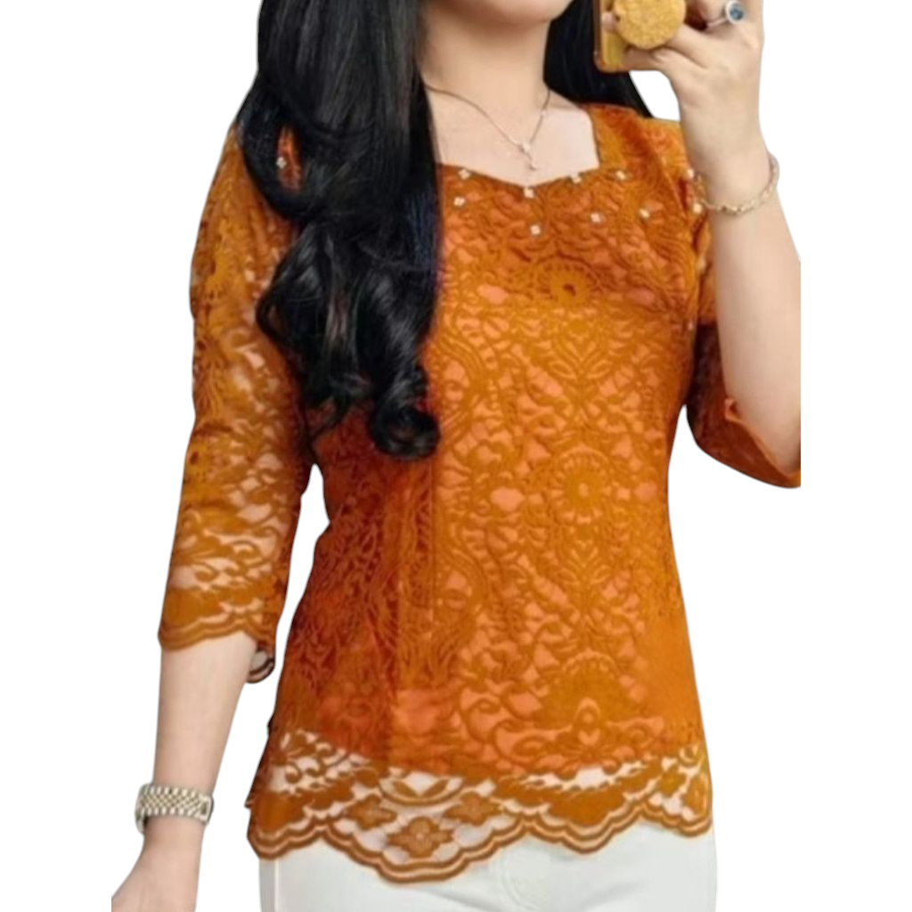 Kebaya Atasan Wanita Premium - Model Lengan Lurus V, Terbuat dari Renda Brokat, Blus Brokat Wanita K