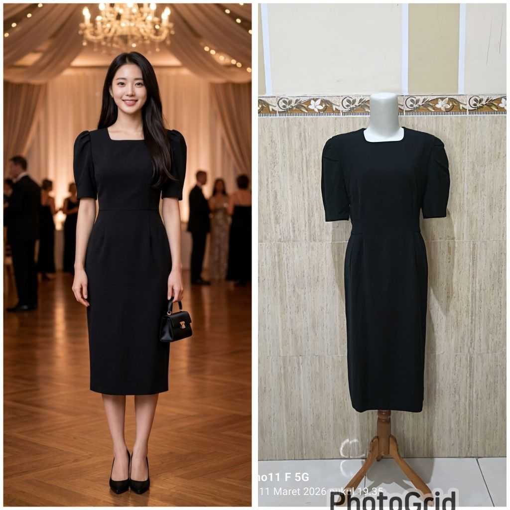 Dress hitam polos bahan tebal lengan pendek balon
