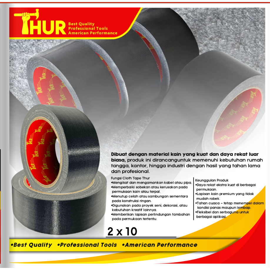 THUR Cloth Tape Duct Tape Lakban Kain Warna Hitam 48 mm x 10 meter 2 inch x 10m Adhesive Natural Rub