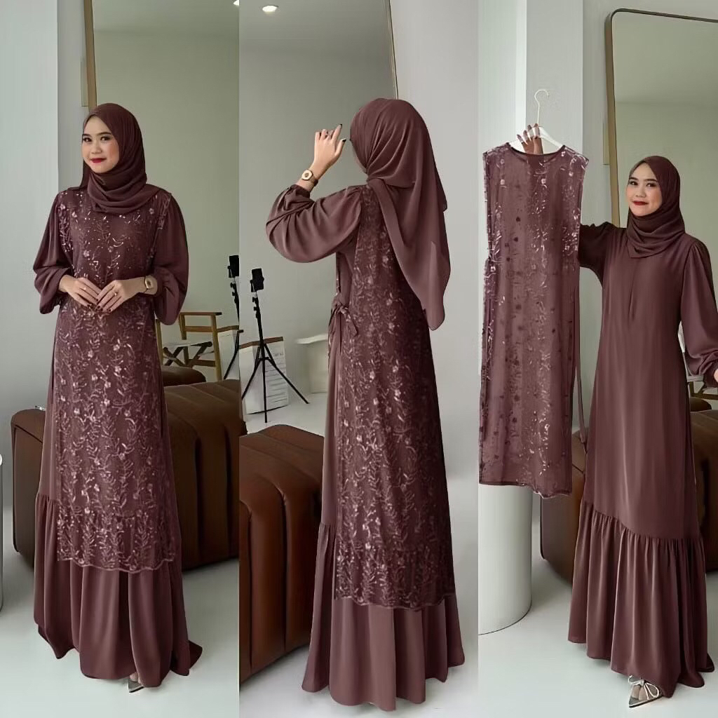 Dress Kondangan Outer Brukat Inner + Outer Ceruty Babydoll Rempel Bawah, Dress Kondangan Inner Bruka