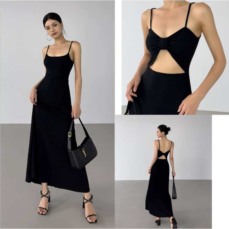 EMITA BLOOM dress hitam korean style Pas Body backless tanpa lengan midi dress terbaru 2026 pantai E