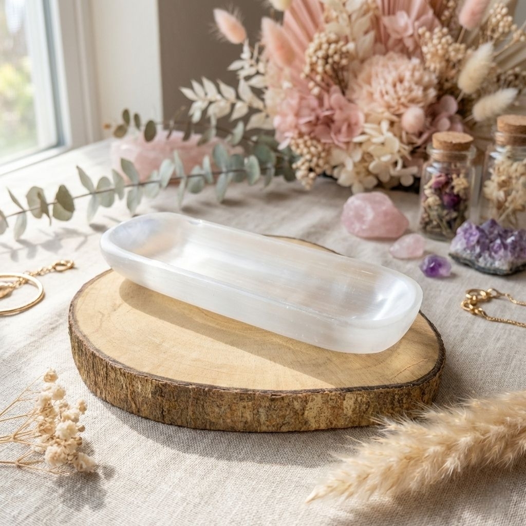 WINLIA Selenite Bowl Rectangle Slim for Cleansing & Recharge Crystal