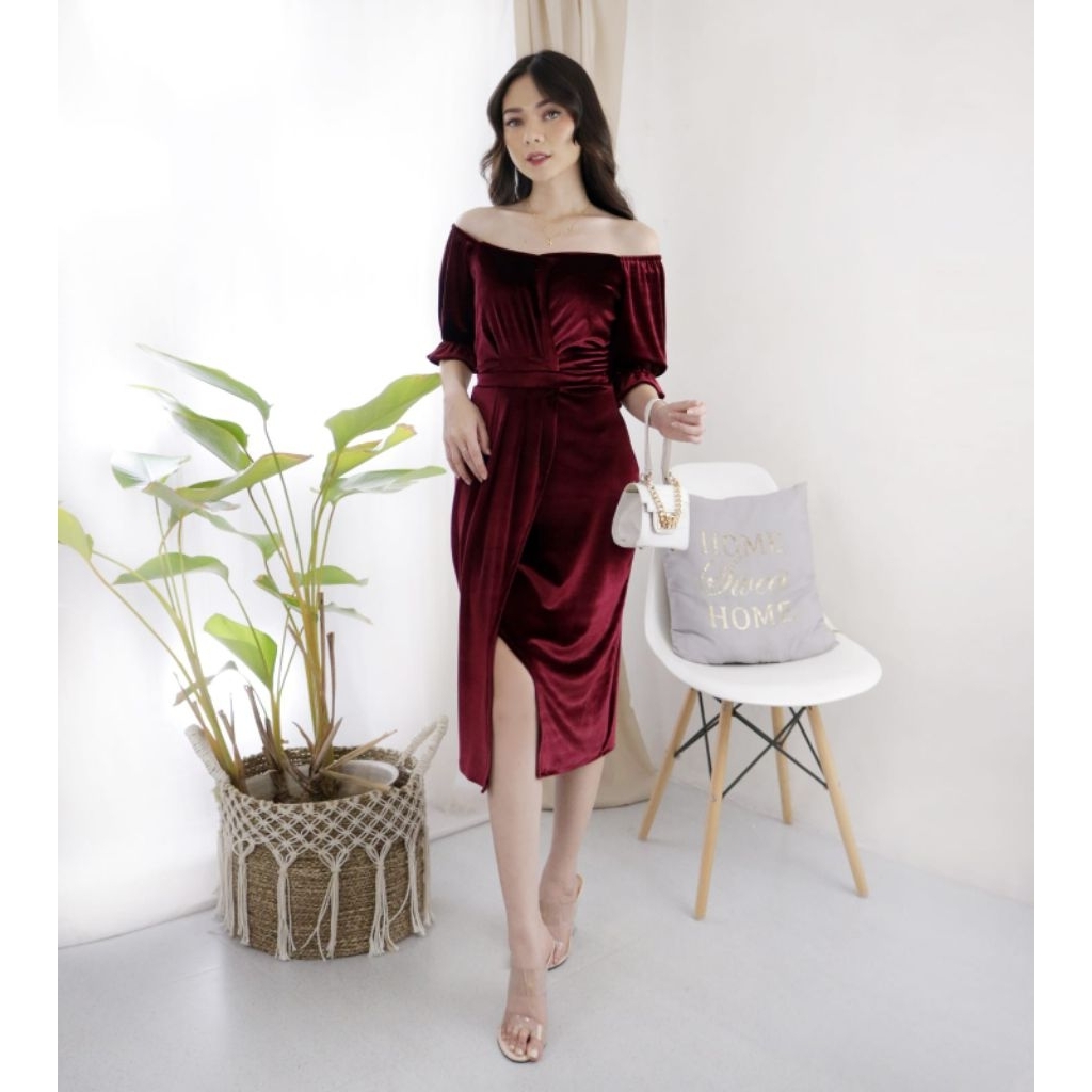 Dress Midi Bludru Gaun Pesta, Formal Kondangan Korean style1085