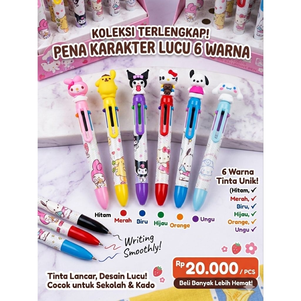 Pulpen Warna-Warni Karakter 6 Warna Menarik