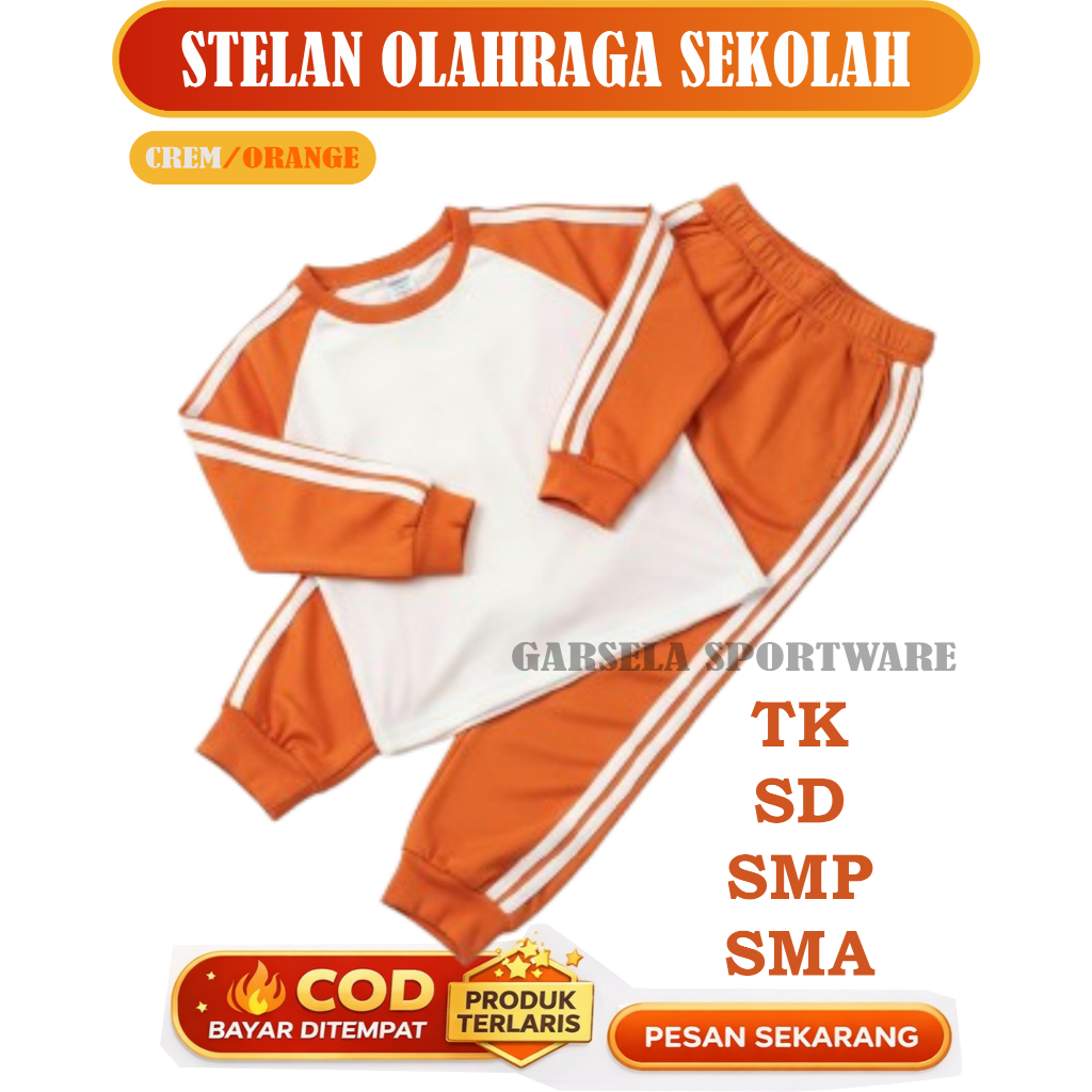 Stelan Olahraga Sekolah Anak TK SD SMP SMA Setelan Training Anak Crem Orange Baju Olahraga Anak Mura