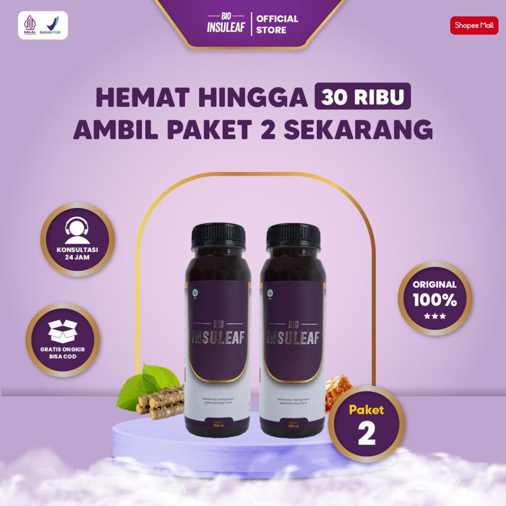Bio Insuleaf Paket 2 Botol Insulin Diabetes Ori Herbal Alami Bantu Jaga Gula Darah Stabil