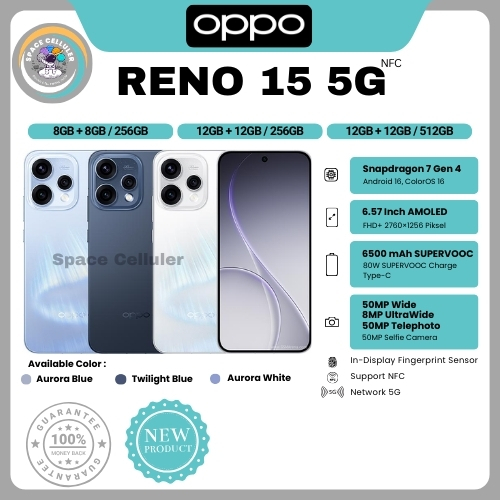 HP OPPO RENO 15 5G 12/512GB, 15 5G 12/256GB, 14 5G 12/256GB & 13 5G 12/512GB (GARANSI RESMI OPPO)