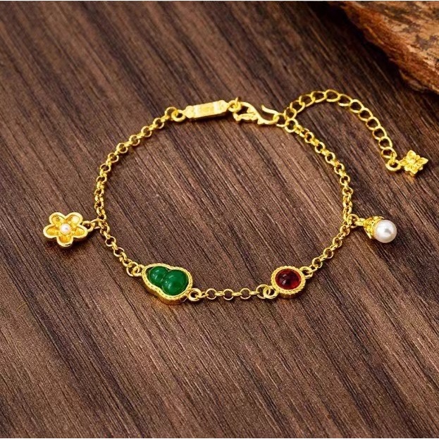 Gelang Wanita 24K Gelang emas giok labu hijau mutiara dan bunga kecil Gelang wanita berlapis emas de