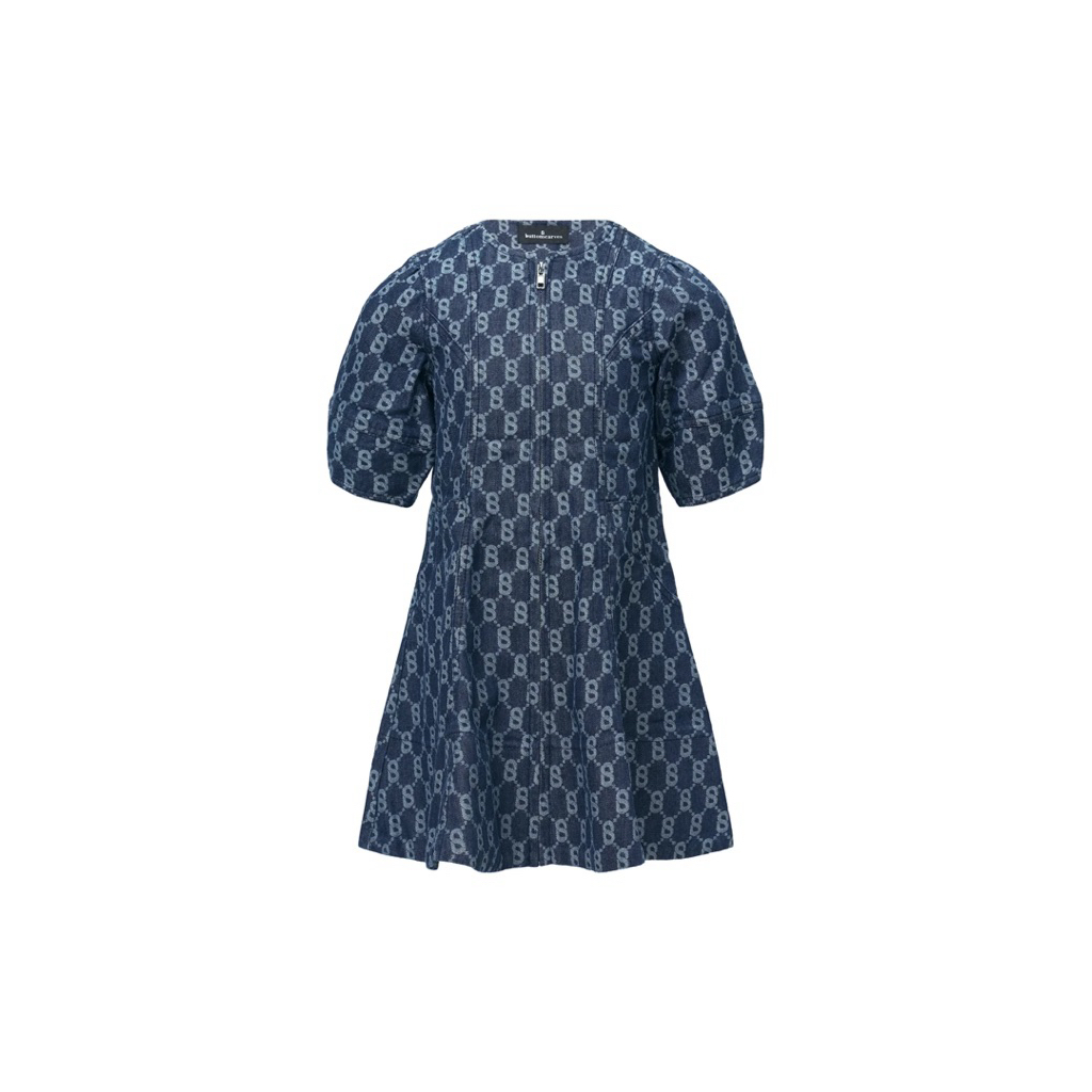 [NEW] Buttonscarves Monogram Denim Puff Dress (Kids) - Navy (Size XL)