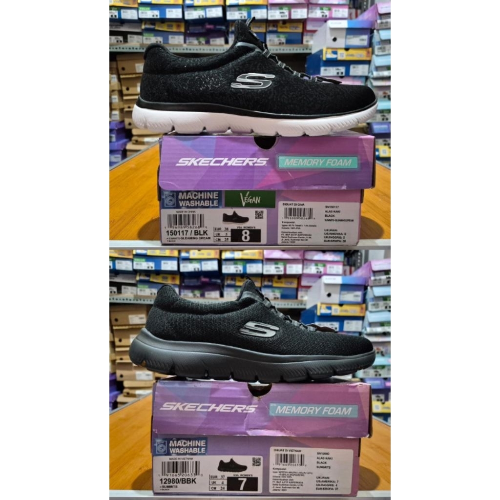 SKECHERS SLIP ON TALI VARIASI HITAM PUTIH/FULL HITAM SUMMITS WOMENS