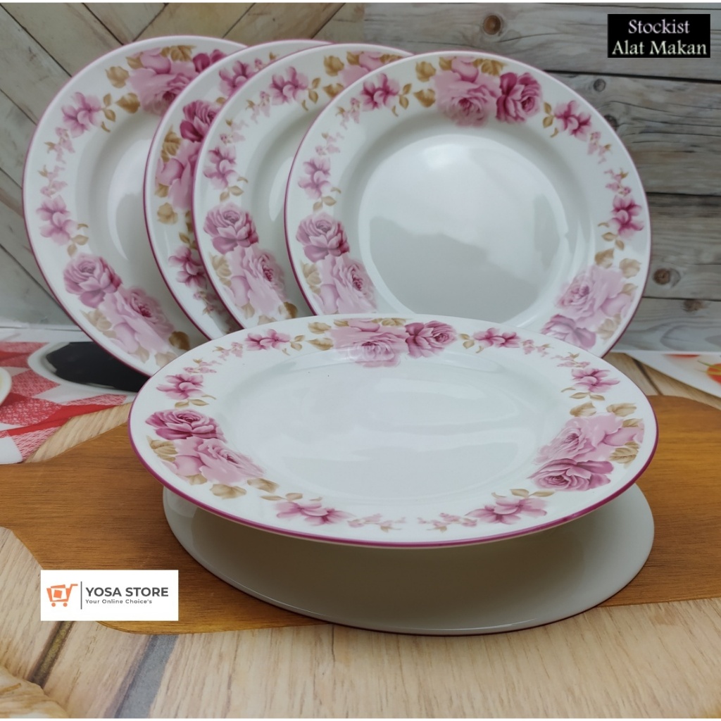 Piring Saji Keramik 20cm Motif Pink Rossie - 6 Pcs kedaung home
