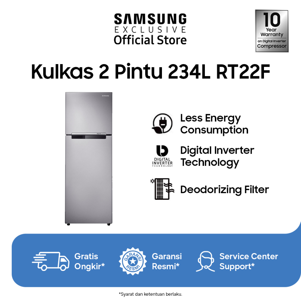 Samsung Kulkas 2 Pintu 234L | Hemat Energi | Filter Penghilang Bau | RT22FARBDSA/SE