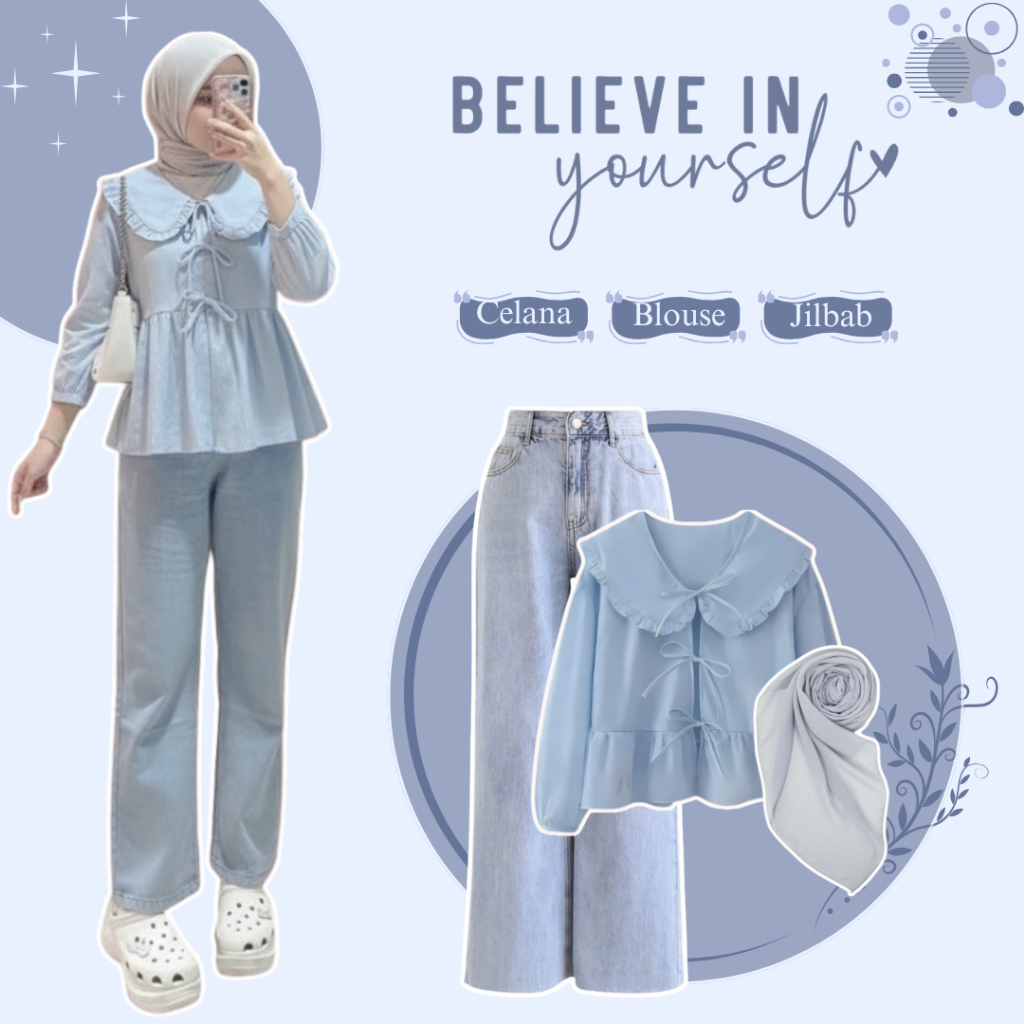 Setelan Kasual Remaja Blus Pita, Celana Jeans, dan Hijab Gaya Korea untuk Tampil Modis
