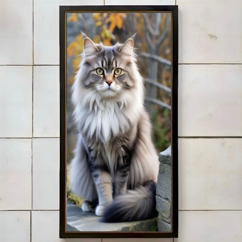 hiasan dinding cetak foto motif kucing anggora mirip srigala putih