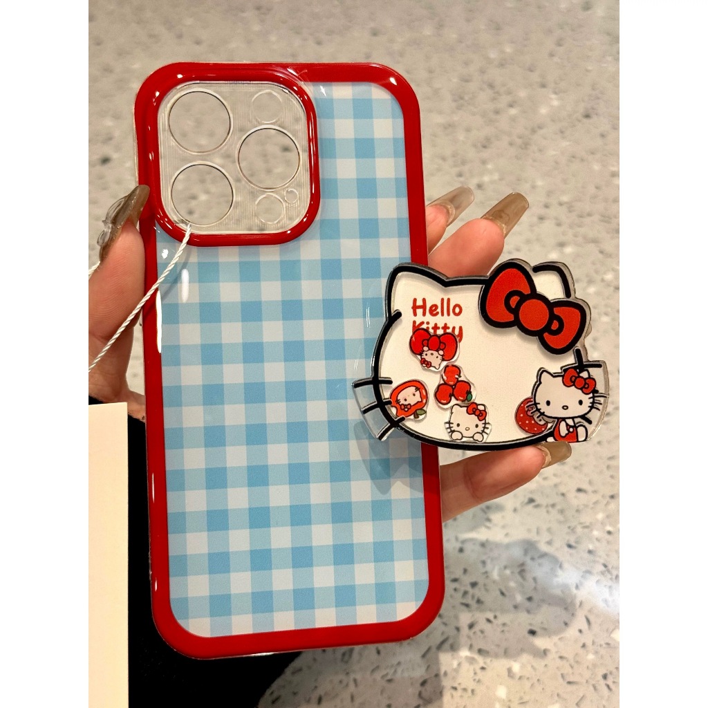 Case iPhone Cute Kitty Ribbon Grip Checkerboard Blue Red Frame Aesthetic Korean Soft Case
