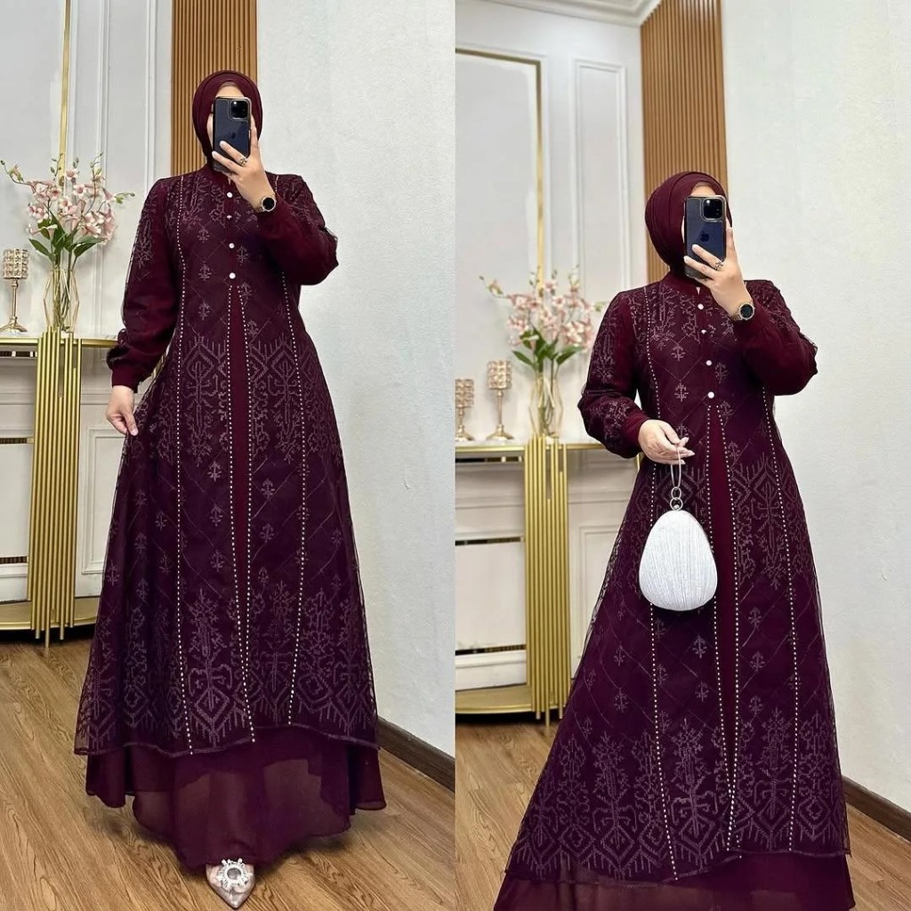 Denara Dress Maxy Gamis Brokat Elegan Wanita Dewasa warna Burgundy Mahogany Modern Aksen Payet mewah