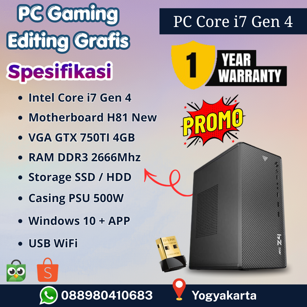 CPU PC Rakitan Core i7 4770 VGA GTX 750TI 4GB RAM 16GB SSD 512GB CPU Komputer Gaming Editing PC Edit