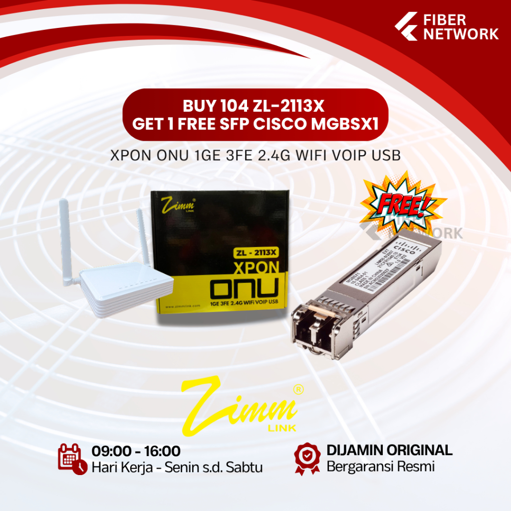 ZIMMLINK XPON ONU ZL-2113X Support ONT EPON & GPON 1GE 3FE 2,4G Wifi VOIP (1 BOX ISI 104 UNIT) FREE 