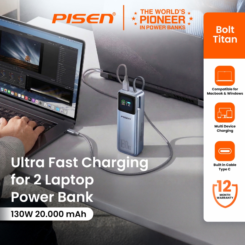 PISEN - BOLT TITAN Laptop Power Bank 130W 20000mAh Ultra-fast Charging with Built in Type C Cable an