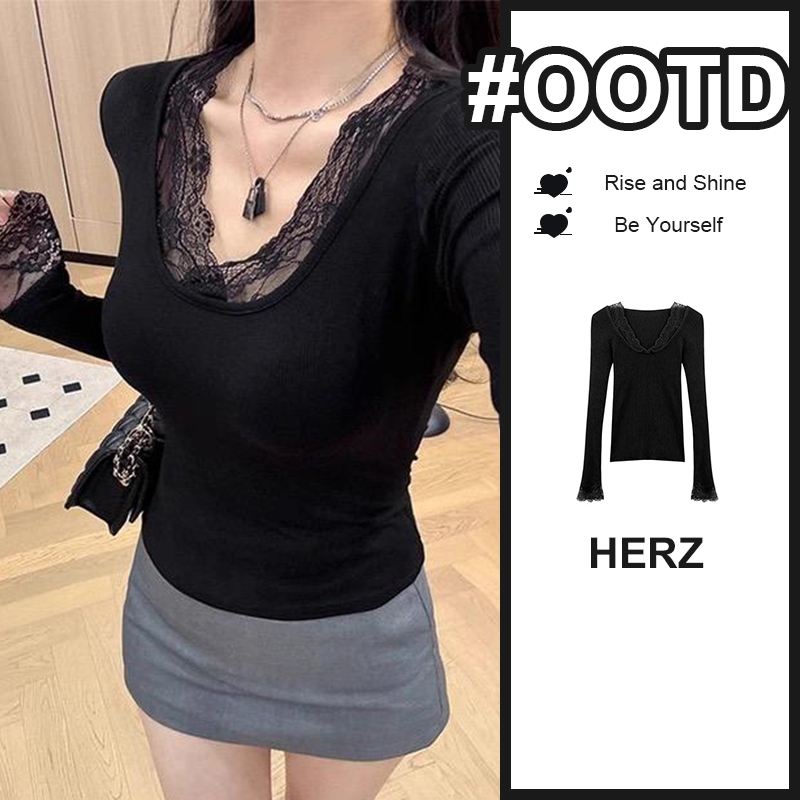 Atasan hitam renda wanita rib kaos slim fit rajut lengan panjang korean T-shirt u-neck ketat cewek