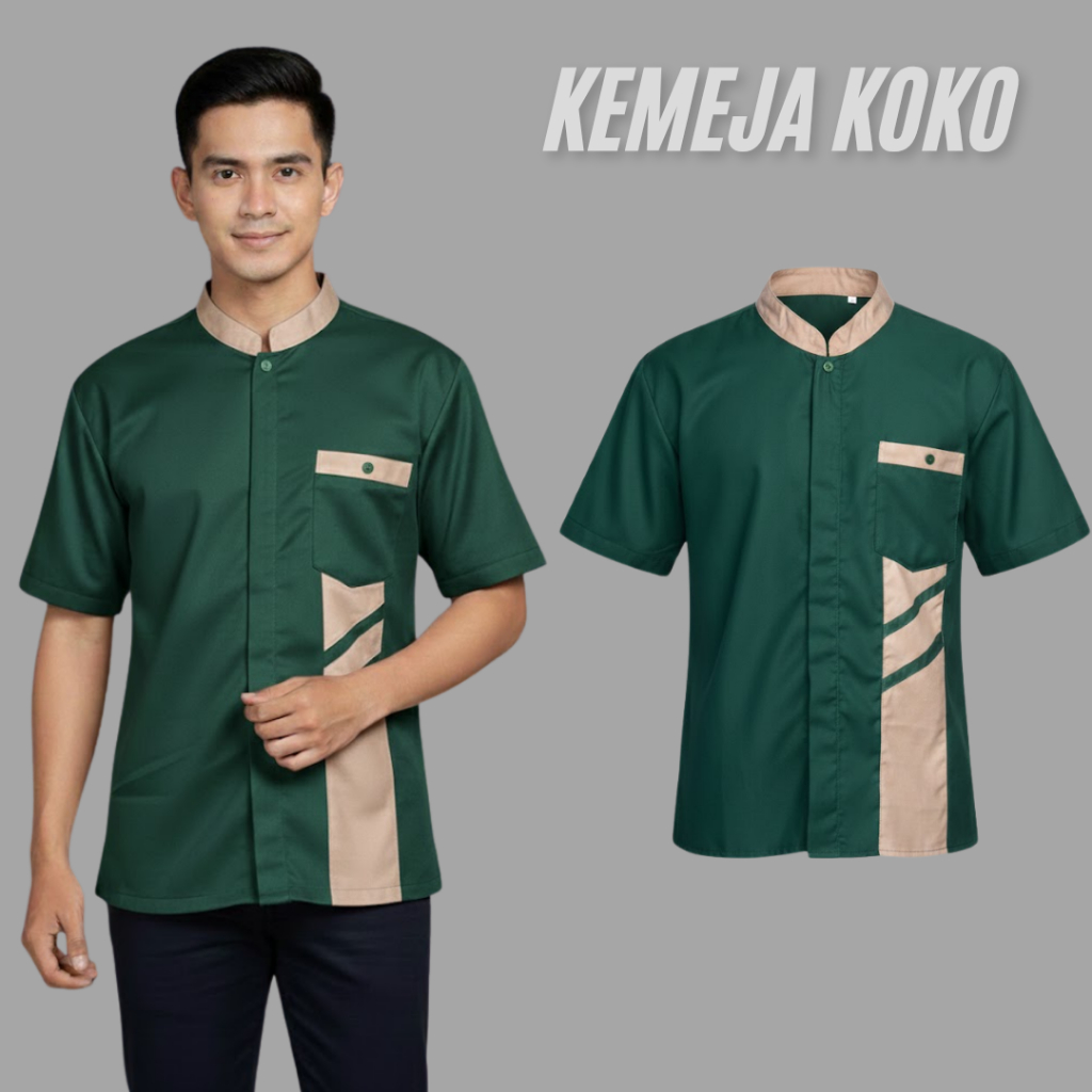 Baju Kemeja Koko Pria Dewasa Lengan Pendek - Bahan Katun Toyobo Nyaman dan Adem | Warna Hijau Botol