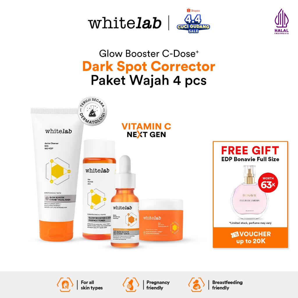 Whitelab 4 pcs Glow Booster C-Dose+ Brightening Paket Wajah - Facial Wash, Toner, Serum, with Moistu