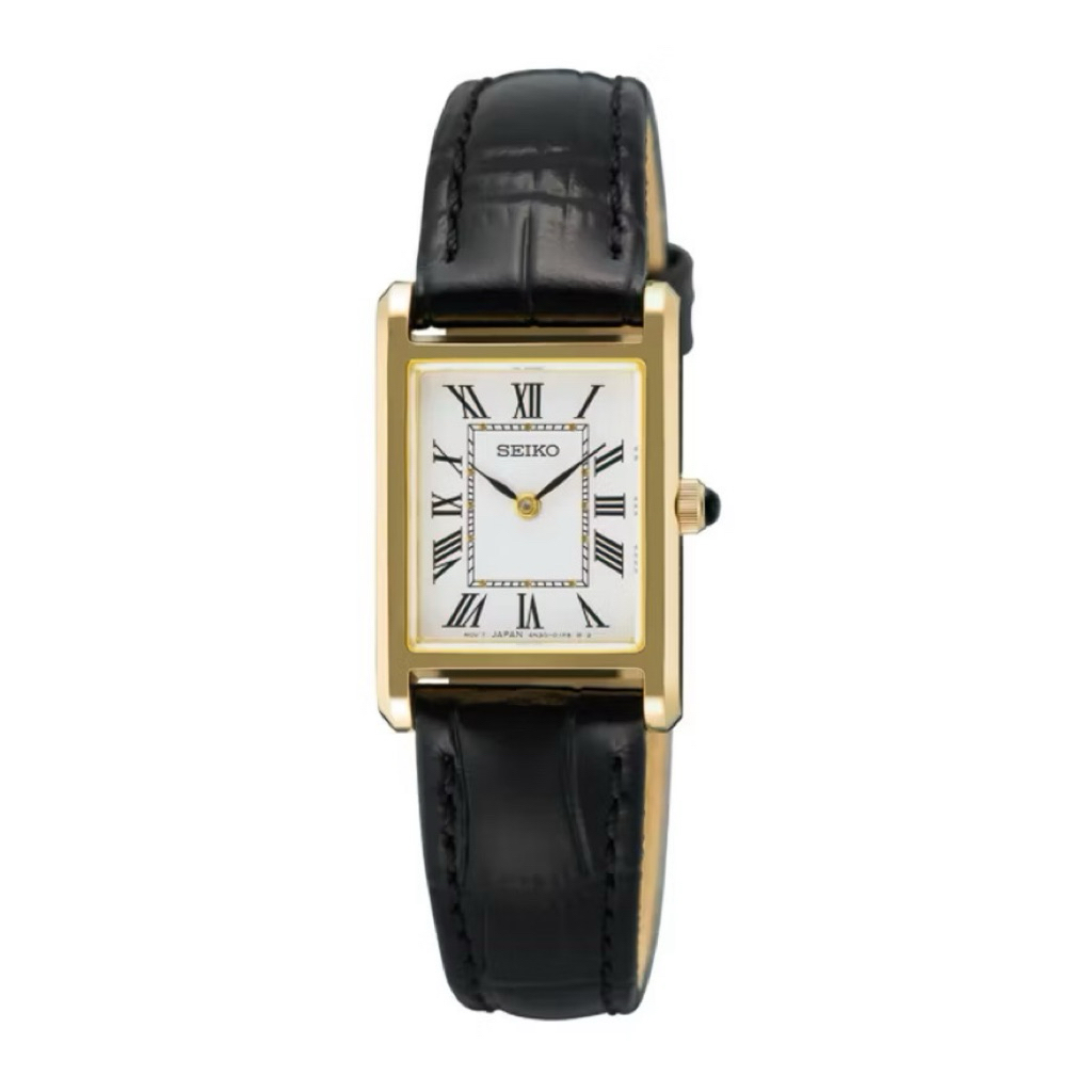 Jam Tangan Wanita Seiko Tank SWR108P1 Quartz Gold White Dial Black Leather Strap Sapphire Crystal | 