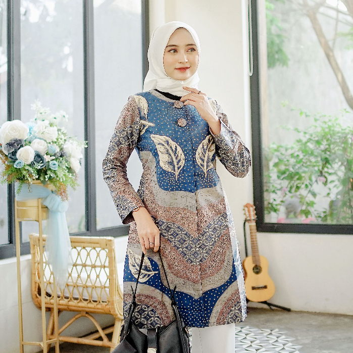 Linggayoni Tunik Batik Lapis Furing Trikot Batik Wanita Modern Batik Kerja Kantor Wanita Motif Daun 
