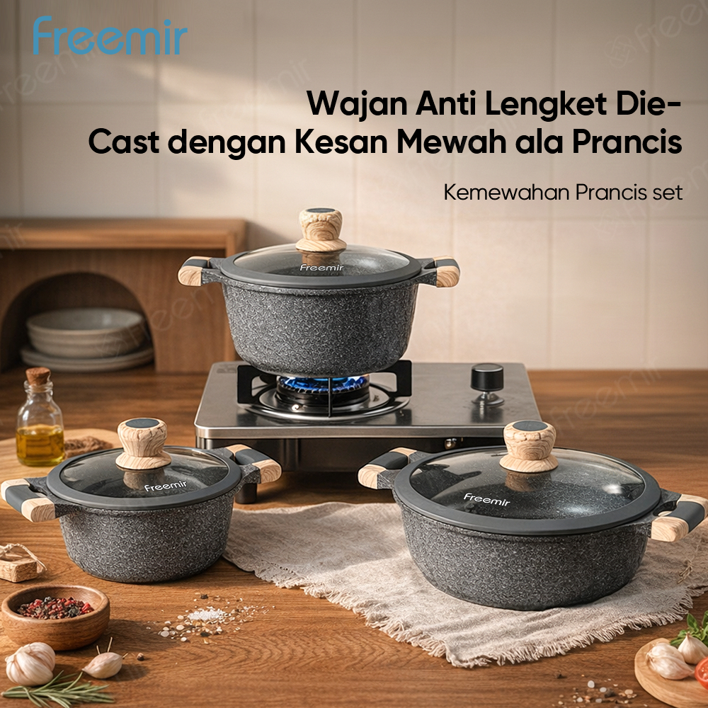 freemir Set Panci Rebus Anti Lengket 3 Pcs Warna Marmer - Desain Cantik Cocok Hadiah, Tebal Tahan La
