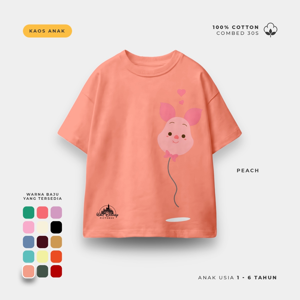 Kaos Anak Lengan Pendek Baju Anak Ula Kids Kaos Disney Karakter Piglet Baloon Usia 1 - 6 Tahun