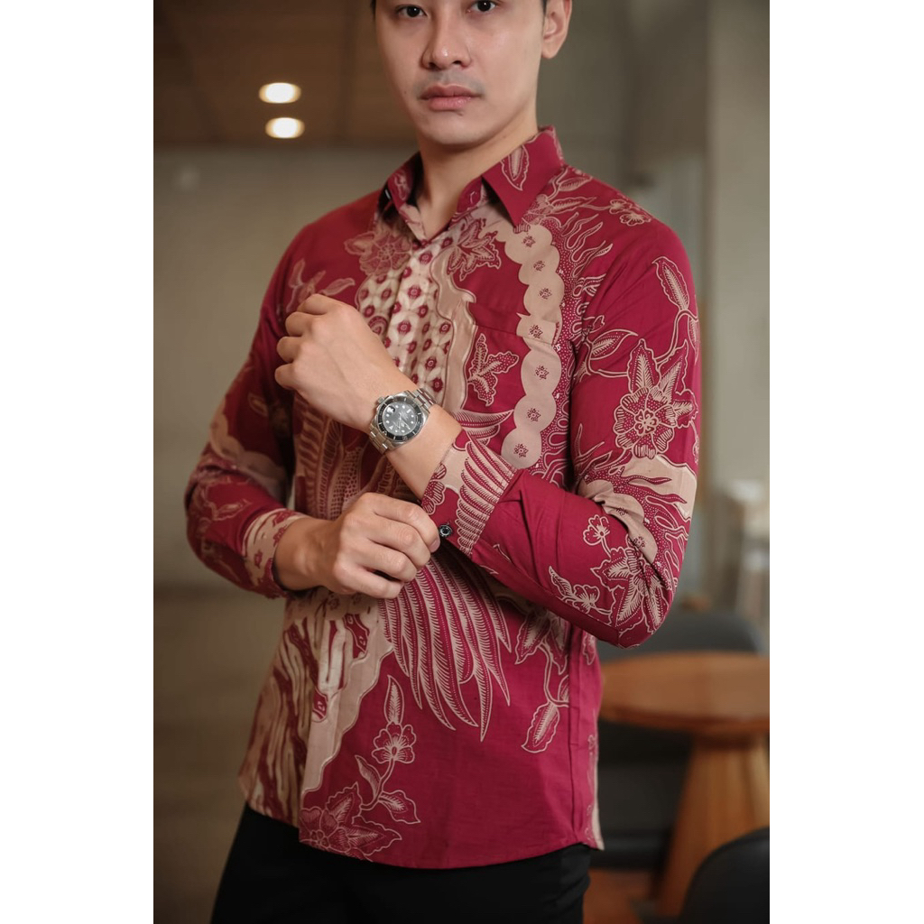 Kemeja batik pria slimfit premium halus lengan panjang baju kondangan kerja warna pink magenta