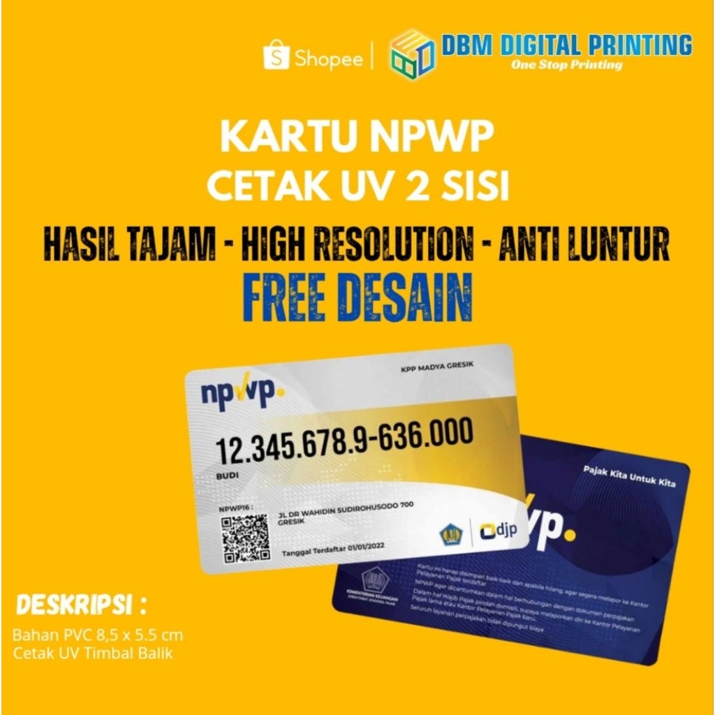 Siap 1 Hari Langsung Jadi. Cetak Kartu NPWP UV 2 Sisi – Kartu PVC Custom Tebal Anti Luntur | Free De