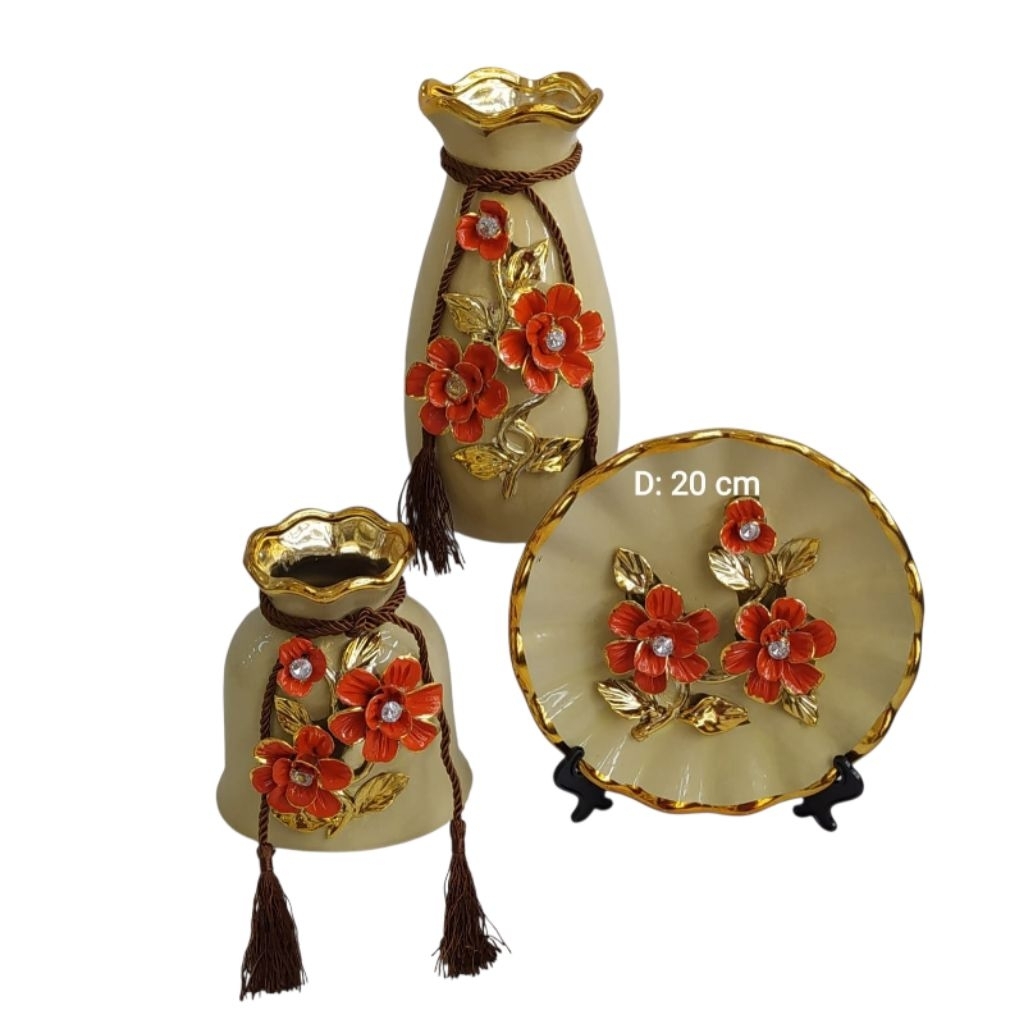 Pajangan Vas Piring Keramik Bunga Timbul Set 3 Pcs