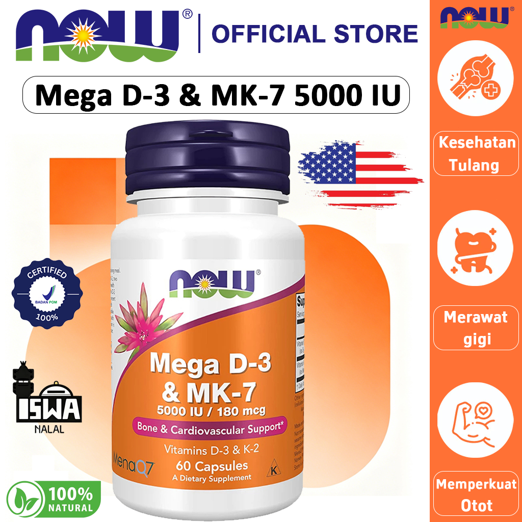 Now Foods Mega D3 5000IU 180mcg K2 MK7[NEW][100%Impor asli][COD]D-3 & MK-7 (5000 IU/180 mcg) 60 Caps